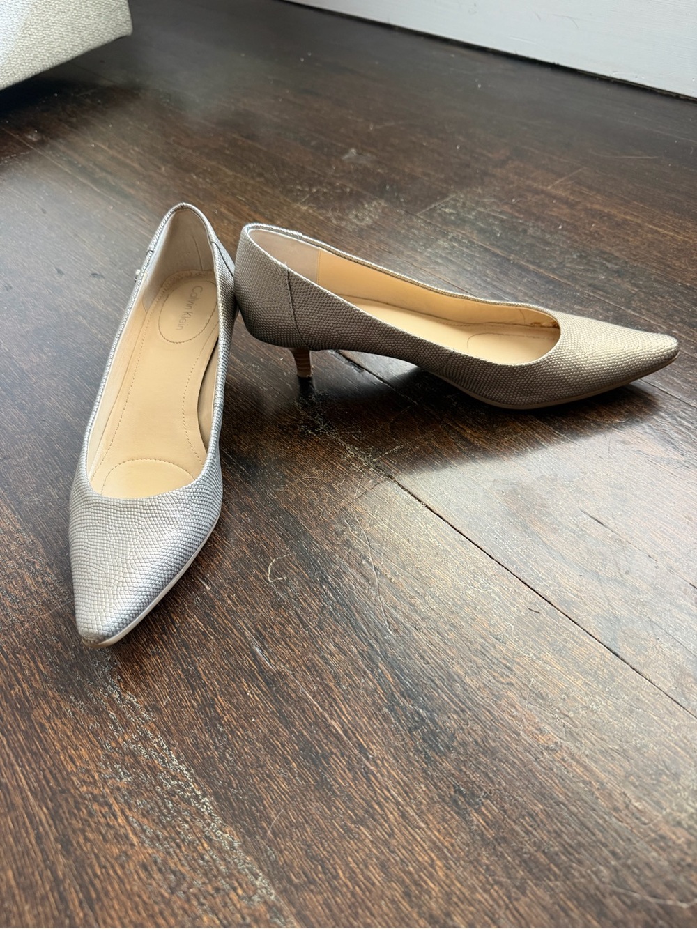 Calvin Klein Metallic Silver Pointed Toe Kitten Heel Pumps